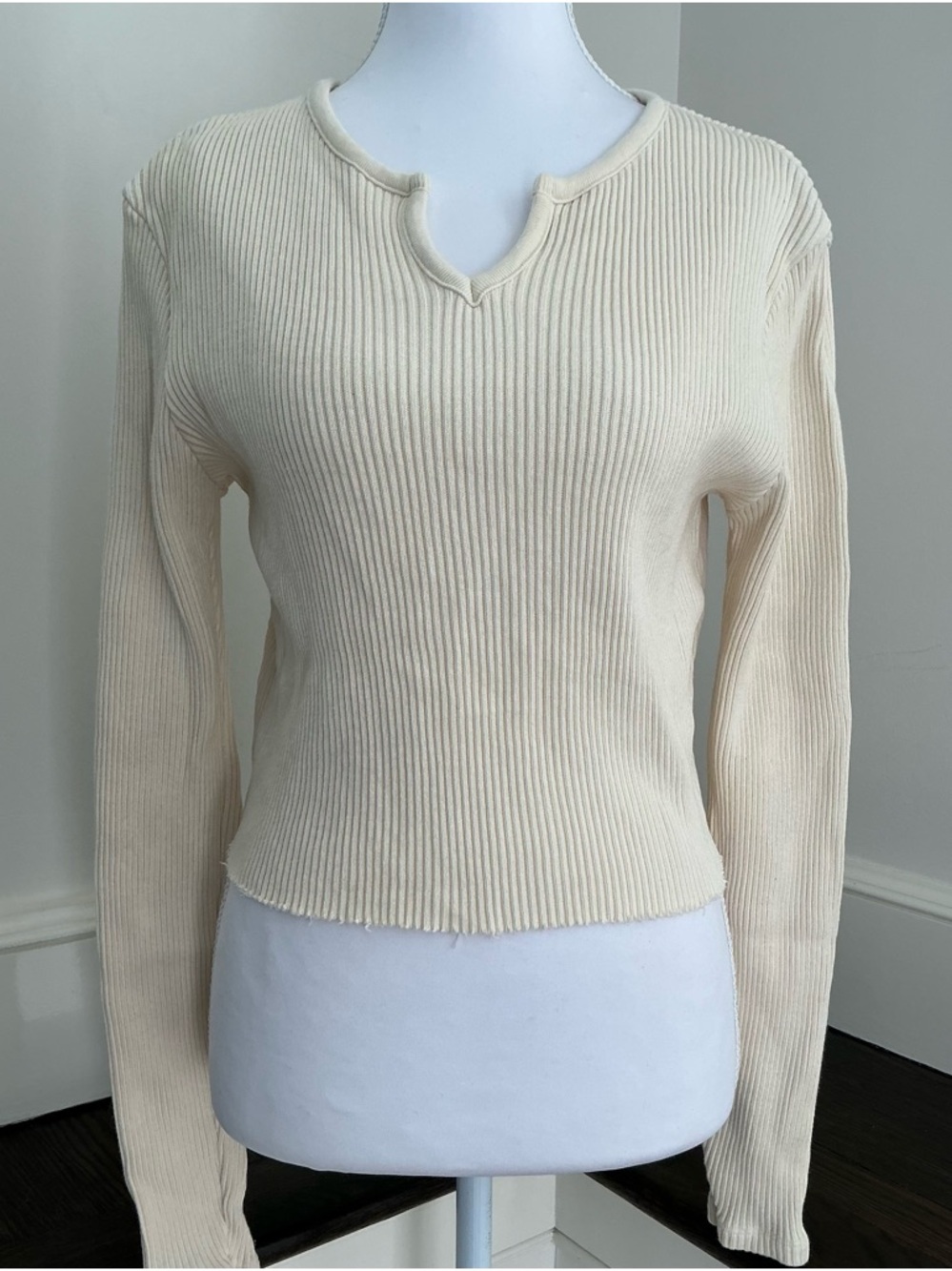Brandy Melville Cream Ribbed V-Neck Sweater